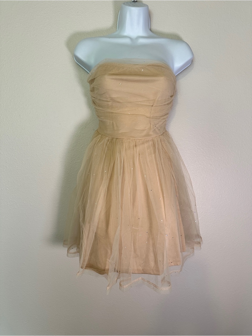 Champagne Glitter Tulle Strapless Party Dress Size Medium Bow Back
